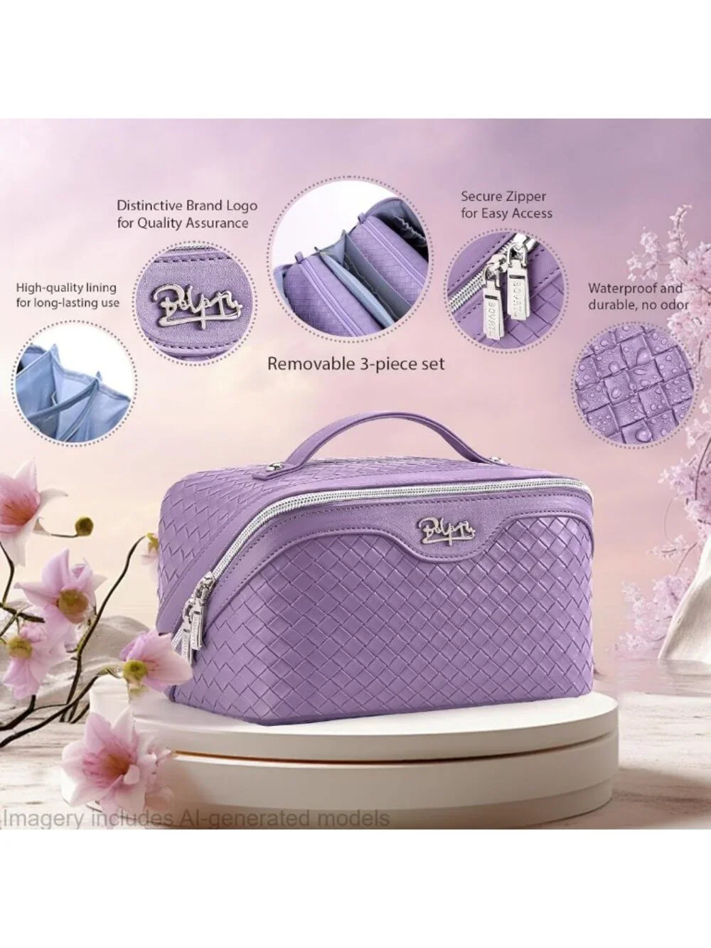 Large Capacity Travel Makeup Bag Set - Waterproof Vegan Leather Cosmetic